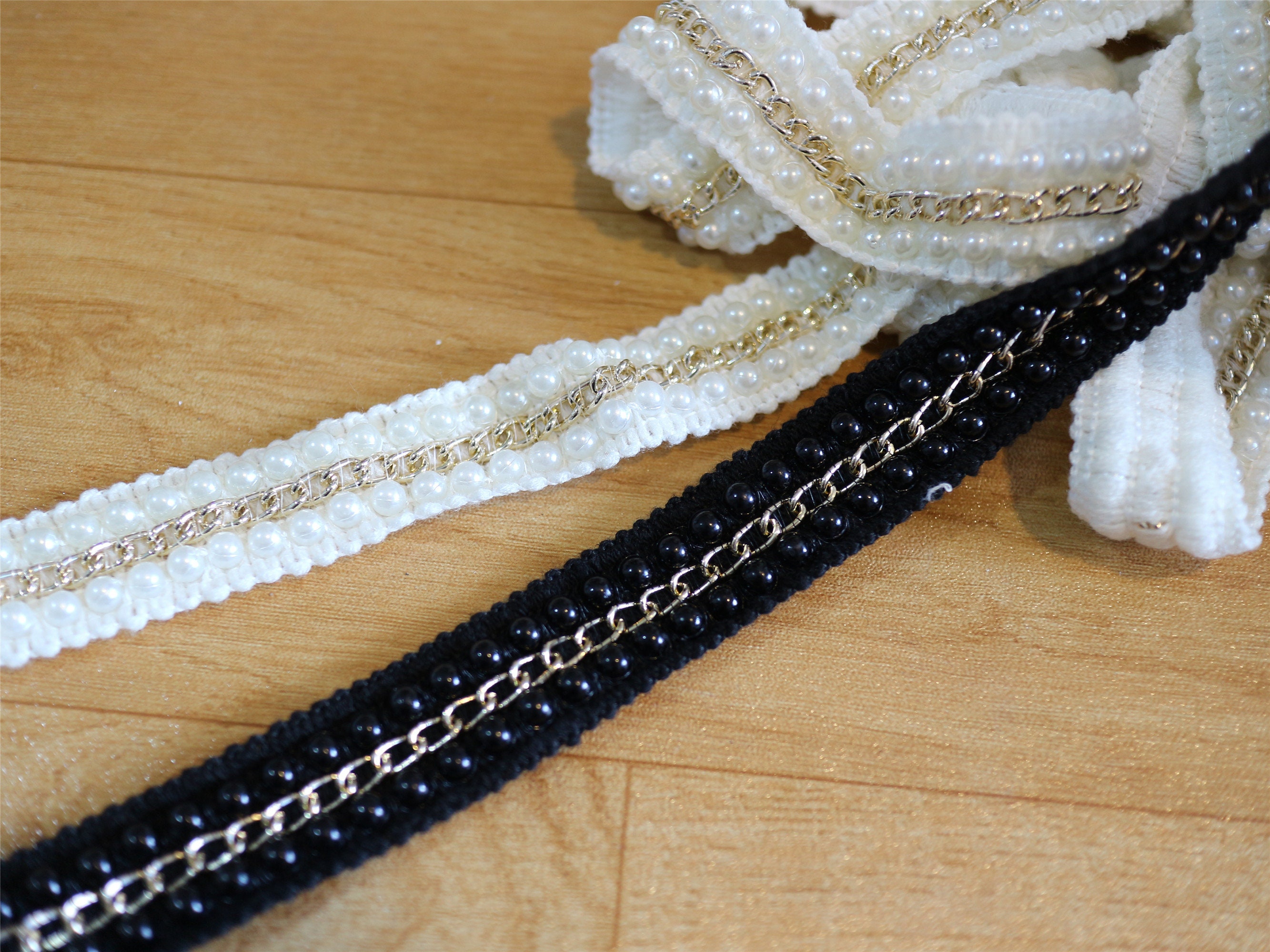 White Beaded Trim black beaded ribbon Bugle Bead Insertion Etsy