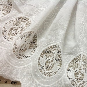 4.2ft Cotton ivory Lace Fabric in White, Retro Hollowed Flower Lace Embroidery Fabric Eyelet Lace- Fabric by yard