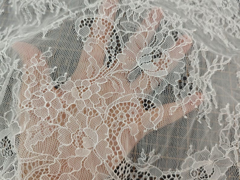 Hight quality ivory lace Fabric ,off White Chantilly Lace fabric for wedding,Lace trim image 8