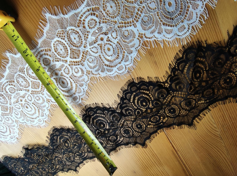 3 Yards off white French Chantilly Lace ,Exquisite Wide Black Eyelash Lace Trim-LSET020 image 8