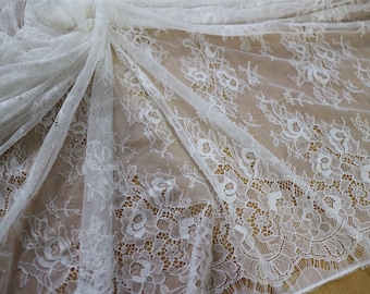 Chantilly Lace Fabric in Ivory, Cream Tulle for Bridal Gowns, Mantilla ,light ivory Veils,eyelash lace sell by yard