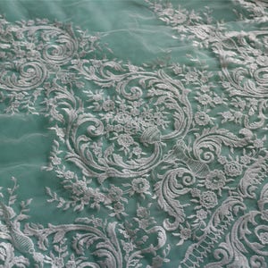 Embroidery Lace fabric in off white,lace sell by yard ,wedding lace ,grass and flower embroidery lace