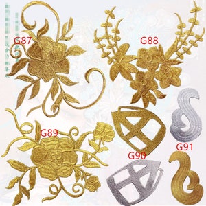 Puede incluir: Surtido de parches bordados en oro y plata con diseños florales y geométricos. Los parches están etiquetados como G87, G88, G89, G90 y G91.