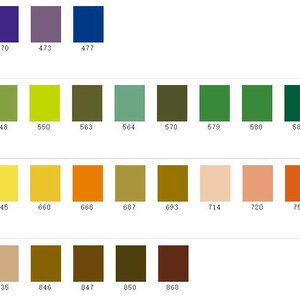 May include: A color chart with 36 different shades of paint. The colors are arranged in rows and columns, with the numbers 430, 462, 465, 470, 473, 477, 513, 525, 530, 540, 550, 563, 564, 570, 579, 500, 507, 593, 614, 617, 640, 645, 660, 660, 607, 693, 714, 720, 750, 700, 709, 793, 013, 015, 024, 035, 046, 047, 050, 090 printed below each color.