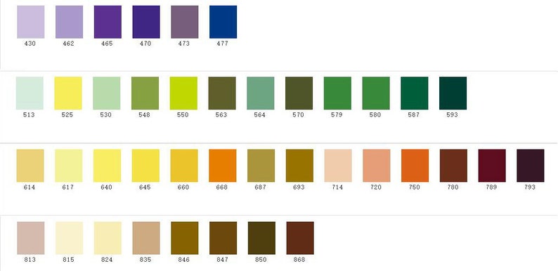 May include: A color chart with 36 different shades of paint. The colors are arranged in rows and columns, with the numbers 430, 462, 465, 470, 473, 477, 513, 525, 530, 540, 550, 563, 564, 570, 579, 500, 507, 593, 614, 617, 640, 645, 660, 660, 607, 693, 714, 720, 750, 700, 709, 793, 013, 015, 024, 035, 046, 047, 050, 090 printed below each color.