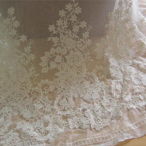 Ivory silk lace,Embroidery silk fabric,crinkle silk chiffon lace fabric in Ivory white,wedding dress fabric-ZSME0015