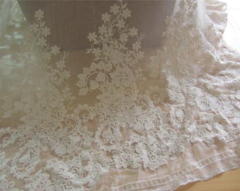Ivory silk lace,Embroidery silk fabric,crinkle silk chiffon lace fabric in Ivory white,wedding dress fabric-ZSME0015