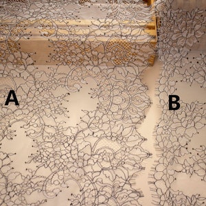 Renda preta com cordão, renda chantilly francesa branca de 3 jardas com fio preto, acabamento de renda de cílios preto requintado, tecido de renda de casamento-LSET022