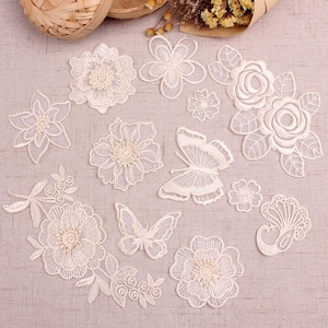 ivory Lace applique,5pcs flower appliques,3D lace flower