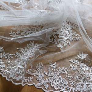 For Sale Embroidery Lace fabric in white with silver thread ,embroidery  lace sell by yard ,wedding lace ,embroidery lace