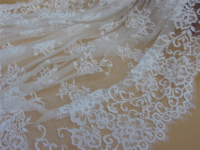 Chantilly lace,off white Lace Fabric by yard for Wedding Gowns, Bridal Veils, Mantilla,59 eyelash lace fabric, black lace fabric image 1