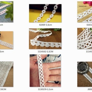 May include: A selection of white lace trims featuring diverse patterns, such as scalloped edges, circular cutouts, and geometric shapes. The widths of the trims vary, with some labeled as 1.0 cm, 1.6 cm, 2.2 cm, 8.3 cm, and 10.5 cm. Suitable for sewing and craft projects.