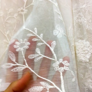 off white silk flower embroidery fabric,Silk and cotton embroidery on leaf silk fabric,Cotton Silk Sage,Silk crinkle Chiffon fabric