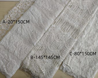 May include: Three white lace fabric samples with different patterns and sizes. The fabric samples are labeled with the text "A-20*150CM", "B-145*145CM", and "C-80*150CM".