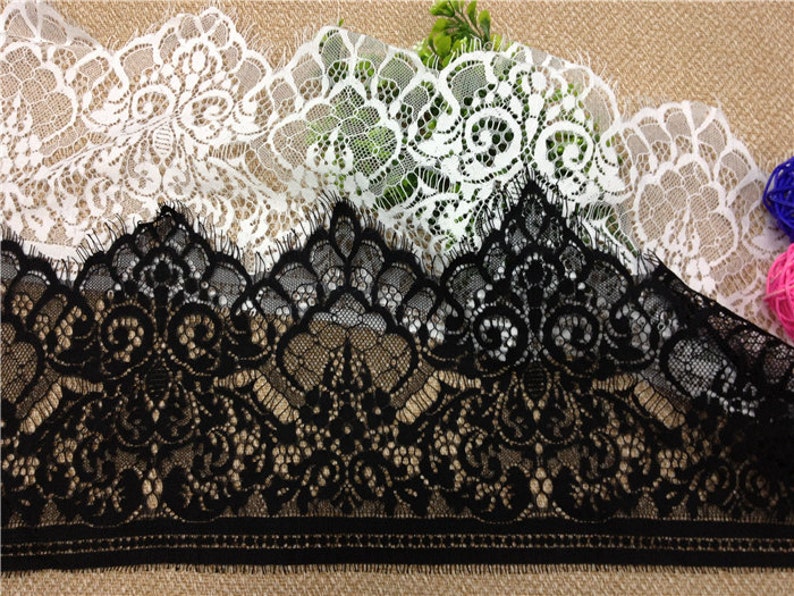 3 Yards off white French Chantilly Lace ,Exquisite Wide Black Eyelash Lace Trim-LSET020 A