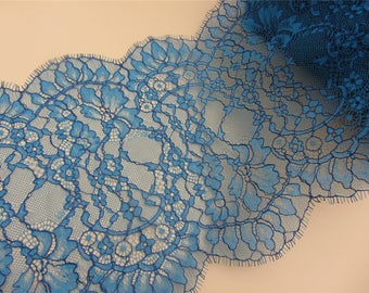 1.5 yard blue Skirts lace fabric,silver thread Lace trimming,French Chantilly Lace ,Exquisite Eyelash Lace Trim,peacock blue lace