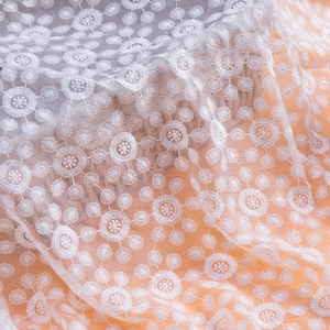 silk embroidery fabric,circle silk chiffon lace fabric in off white,wedding dress fabric