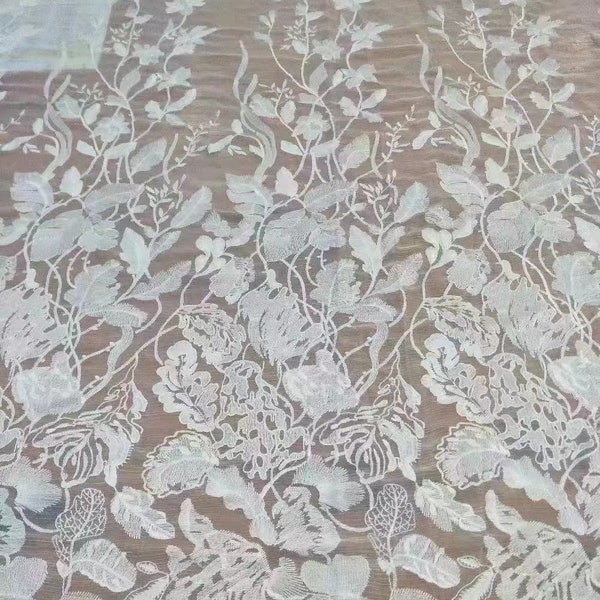 Leaves  Embroidery  on silk fabric in off white,off white lace fabric in off white,wedding dress fabric