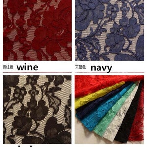 May include: A close-up of three different lace fabrics in wine, navy, and black colors. The fabrics have a floral pattern.