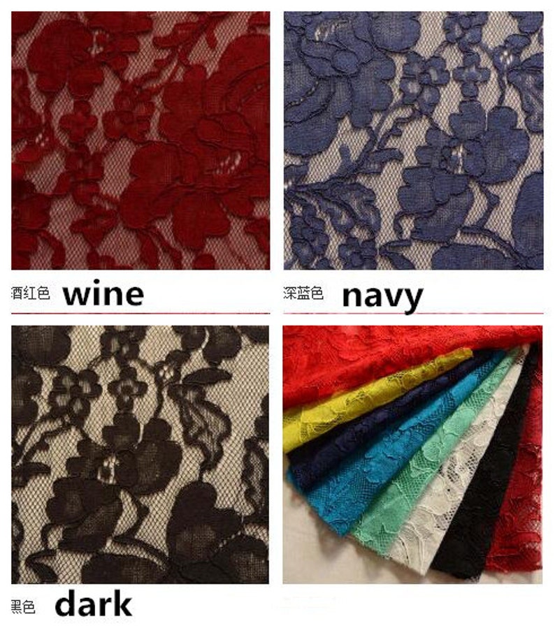 May include: A close-up of three different lace fabrics in wine, navy, and black colors. The fabrics have a floral pattern.