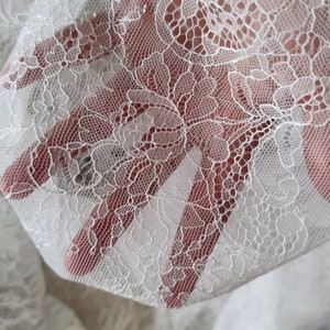May include: White lace fabric with a delicate floral pattern. The lace is sheer and has a soft, flowing texture.