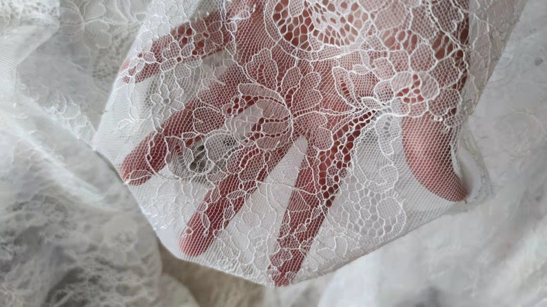 May include: White lace fabric with a delicate floral pattern. The lace is sheer and has a soft, flowing texture.