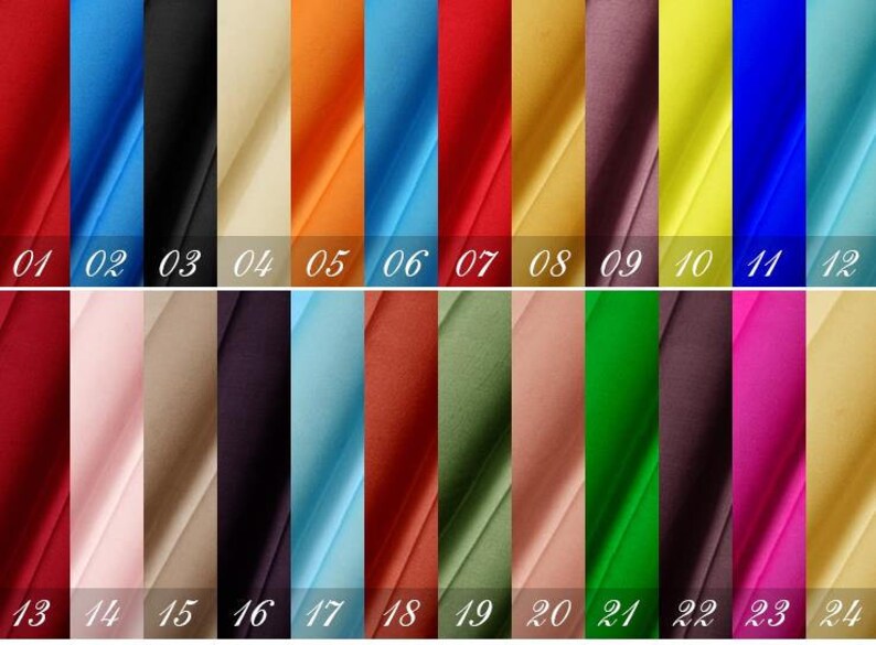 May include: A swatch card with 24 different fabric samples. The swatches are arranged in two rows of 12. The swatches are in a variety of colors, including red, blue, green, yellow, and orange.