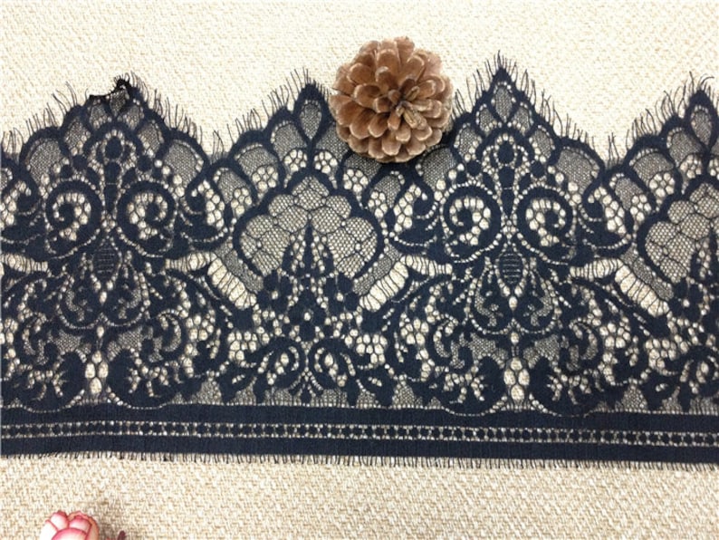 3 Yards off white French Chantilly Lace ,Exquisite Wide Black Eyelash Lace Trim-LSET020 image 4