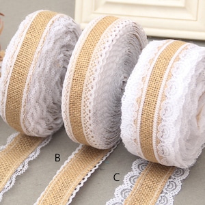 Burlap Lace Ribbon ,Wedding Deco trimming sold by yard,Natural Burlap Ribbon with off white Lace in both sides