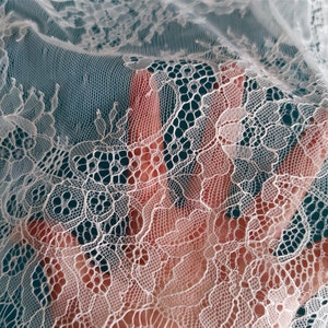 May include: White lace fabric with a delicate floral pattern. The lace is soft and sheer, and it has a romantic feel.