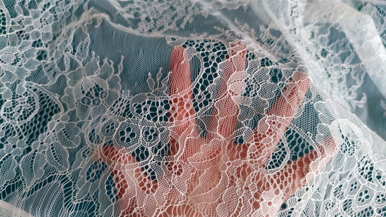 May include: White lace fabric with a delicate floral pattern. The lace is soft and sheer, and it has a romantic feel.