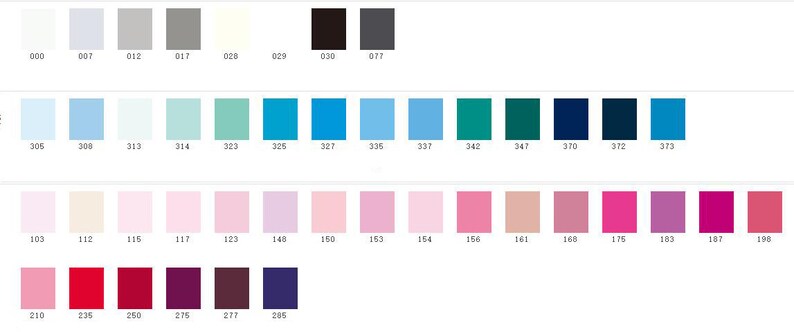 May include: A color chart with 24 rows of color swatches. Each row has 10 color swatches. The swatches are numbered from 000 to 198. The colors range from white to black, with shades of blue, green, pink, red, and purple.