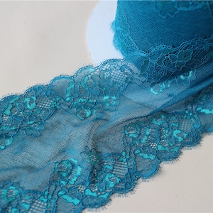 Encaje de pavo real, ribete de encaje de boda, ribete de encaje elástico con hilo azul- Adorno de encaje de regalo extra ancho, 16,5 cm de ancho ribete de encaje, encaje elástico de pestañas,