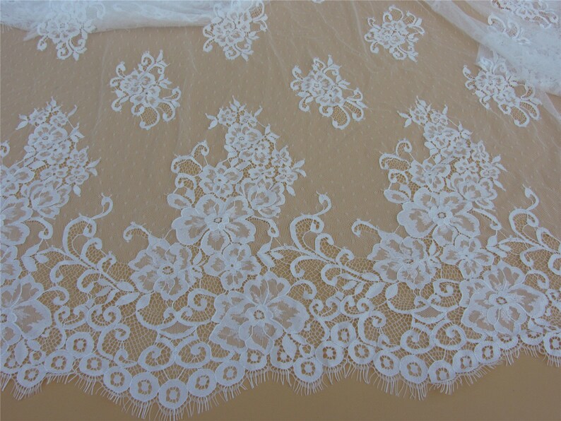 Chantilly lace,off white Lace Fabric by yard for Wedding Gowns, Bridal Veils, Mantilla,59 eyelash lace fabric, black lace fabric image 5