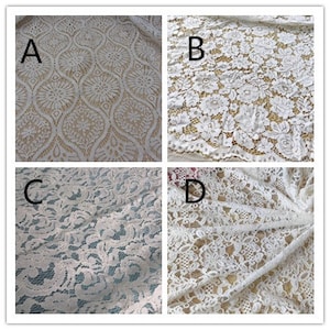 May include: Four different white lace fabrics with various patterns. The fabrics are all white and have a delicate, intricate design.
