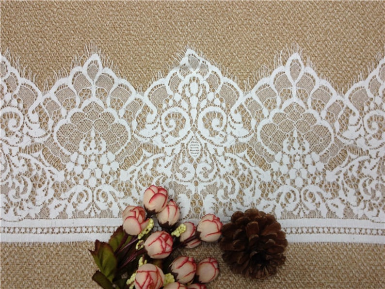 3 Yards off white French Chantilly Lace ,Exquisite Wide Black Eyelash Lace Trim-LSET020 image 3