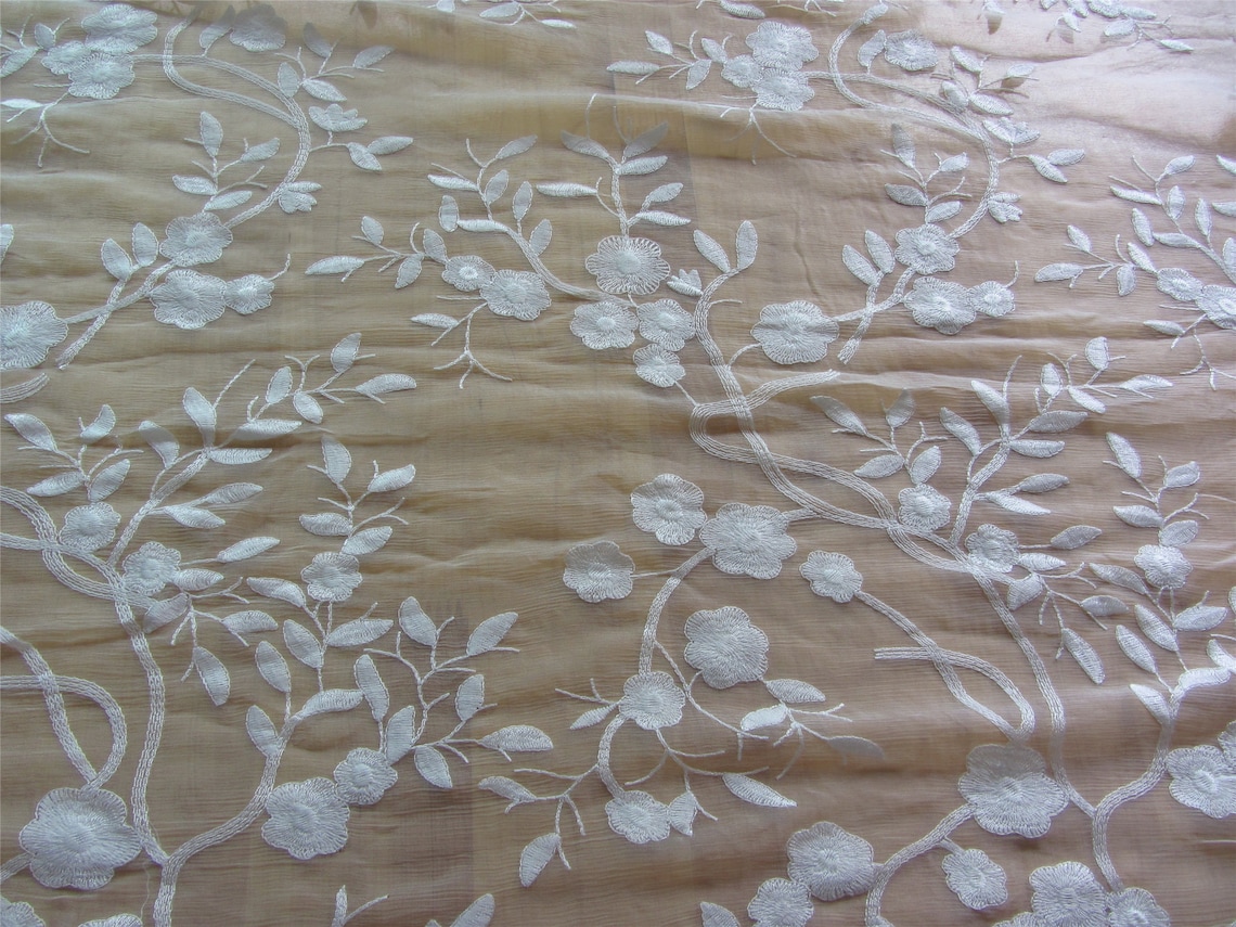 off white floral silk laceEmbroidery silk fabriclace image 3
