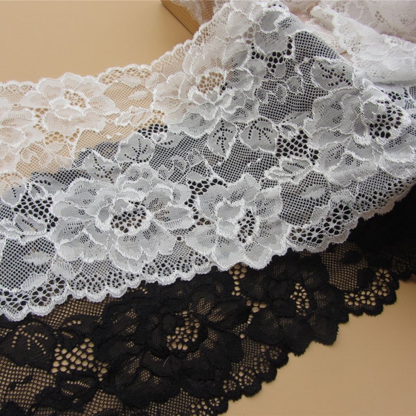 ivory white wedding lace by yard,Stretch Lace Trim - Extra Wide Lace Trim, 7" Wide Lace Trim- pure white trim