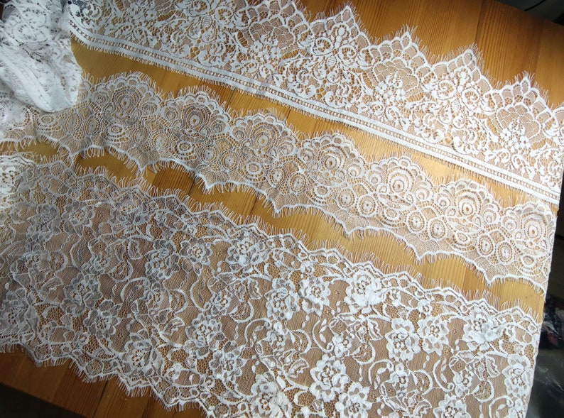 3 Yards off white French Chantilly Lace ,Exquisite Wide Black Eyelash Lace Trim-LSET020 image 5