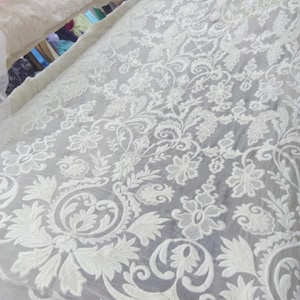 Embroidery  on silk fabric in off white,crinkle silk chiffon lace fabric in off white,wedding dress fabric