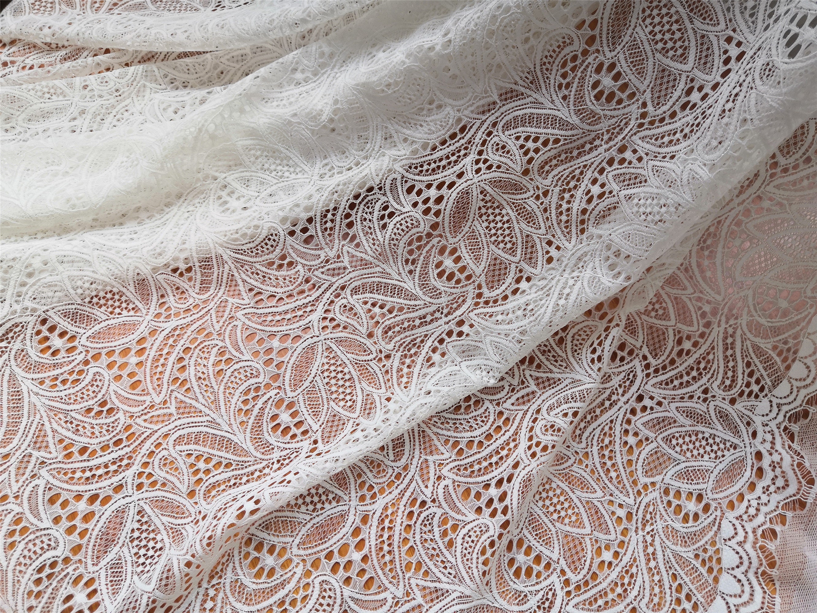 Stretch Lace Fabric / off White Stretch Lace / Floral Lace Fabric
