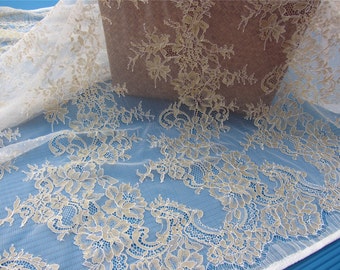 Gold Chantilly Lace Fabric sell by yard ,high quality eyelash lace fabric Bilateral Eyelash Lace, French Style Wedding Dress  lace