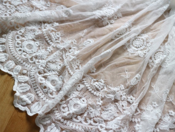 Ivory Cotton Embroidery Lace Fabric Online Store Flower Embroidered Lace  Trim DIY Material-130cm Width on Sale 