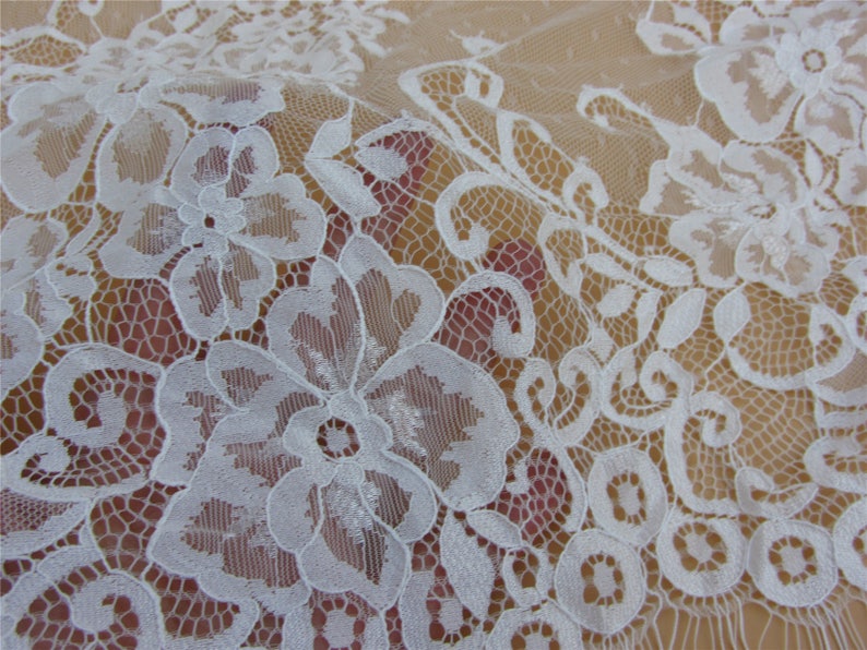 Chantilly lace,off white Lace Fabric by yard for Wedding Gowns, Bridal Veils, Mantilla,59 eyelash lace fabric, black lace fabric image 4