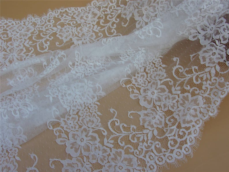 Chantilly lace,off white Lace Fabric by yard for Wedding Gowns, Bridal Veils, Mantilla,59 eyelash lace fabric, black lace fabric image 2