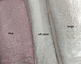 Silk embroidery fabric in off white ,Silk and cotton embroidery on  silk fabric,Cotton Silk Sage,Silk crinkle Chiffon fabric