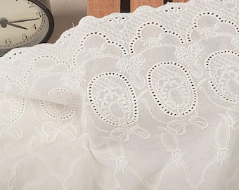 Ribete de encaje de marfil de algodón floral de 11 pulgadas, tela de encaje de algodón en blanco roto, tela de bordado de encaje de flores ahuecadas retro encaje-tela cortada a medida