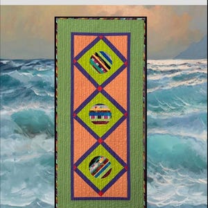 May include: A rectangular table runner with a green border, orange center, and three diamond shapes. Each diamond contains a circle with colorful fabric scraps. The text "Pat Harrison QUILT DESIGNS" and "CIRCLE THOSE SCRAPS Table Runner" are visible.