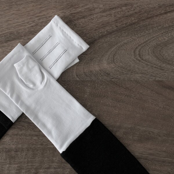 Long black with white fingerless gloves handmade from bamboo