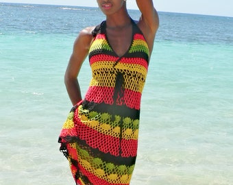 Handmade crochet dress 02 Jamaican Rasta colors.